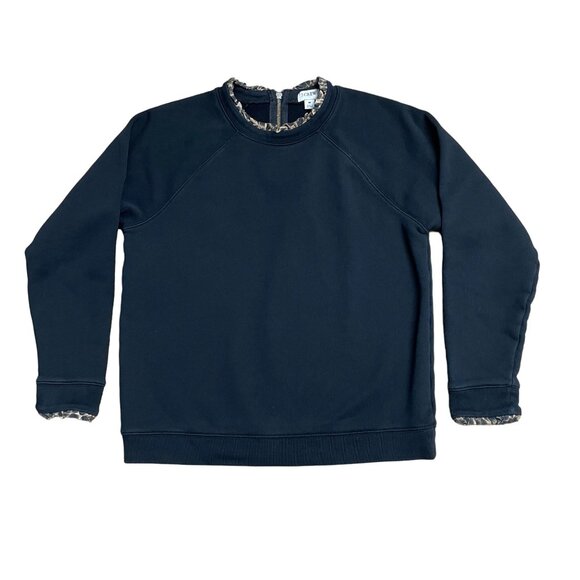 J CREW SWEATSHIRT WOMENS M BLACK LEOPARD PRINT RUFFLE PULLOVER CREW NECK ZIP - Picture 1 of 9
